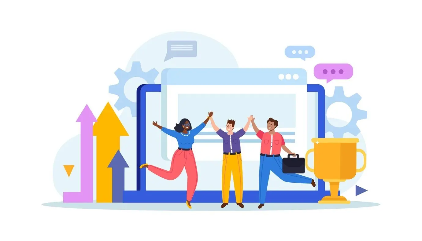 Ilustración vectorial de una composición sobre cultura corporativa con ventanas de computadora, flechas, iconos de engranajes, una copa de trofeo y personajes tipo garabato de compañeros de trabajo.